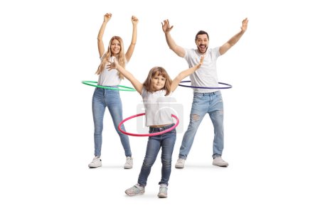Photo for Full length portrait of a family with a little girl spinning hula hoops isolated on white background - Royalty Free Image