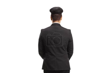 Téléchargez les photos : Vue arrière d'un chauffeur isolé sur fond blanc - en image libre de droit