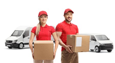 Photo for Male and female couriers holding packages in front of transport vans isolated on white background - Royalty Free Image