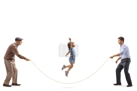 Photo for Gril skipping and father and grandfather holding a rope isolated on white background - Royalty Free Image