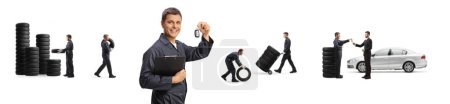 Photo for Auto mechanic holding car keys and car service workers in the back isolated on white background - Royalty Free Image