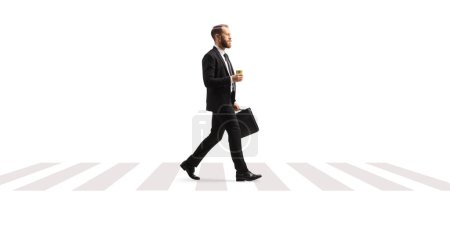 Photo for Full length profile shot of a businessman walking with a briefcase and a takeaway coffee at a pedestrian crossing isolated on white background - Royalty Free Image