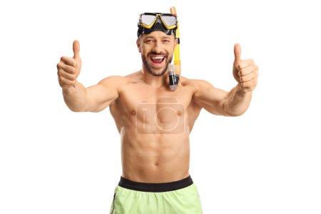 Photo for Cheerful man in a swimsuit with a diving mask showing thumbs up isolated on white background - Royalty Free Image