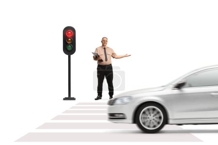Photo for Security officer holding a clipboard and pointing at a vehicle on a street isolated on white background - Royalty Free Image