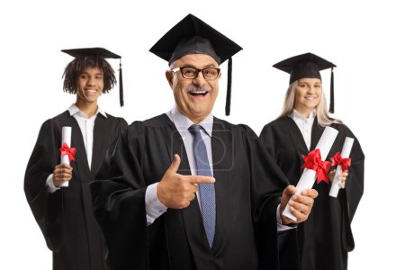 Téléchargez les photos : Graduate students and a man holding certificates and smiling isolated on white background - en image libre de droit