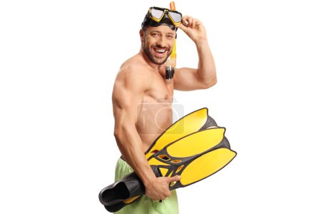 Photo for Cheerful young man in swimwear with a diving mask and snorkeling fins smiling at camera isolated on white background - Royalty Free Image