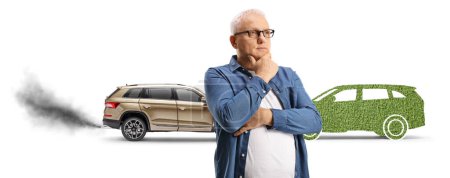 Photo for Man standing in front of vehicle polluting the air and a green electric SUV isolated on white background - Royalty Free Image