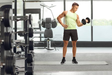Téléchargez les photos : Bodybuilder en vêtements de sport faisant de l'exercice avec un haltère à la salle de gym - en image libre de droit