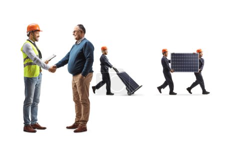 Photo for Engineer greeting a customer and workers carrying solar panels isolated on white background - Royalty Free Image