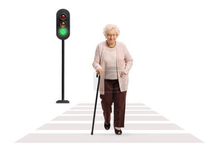 Photo for Full length portrait of an elderly lady crossing a street with a walking cane isolated on white background - Royalty Free Image
