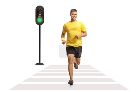 Photo for Man jogging over a pedestrian crossing isolated on white background - Royalty Free Image
