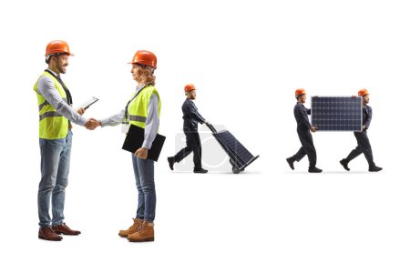 Photo for Engineers shaking hands and workers carrying solar panels isolated on white background - Royalty Free Image