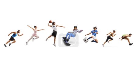 Téléchargez les photos : Athlètes masculins et féminins pratiquant différents sports isolés sur fond blanc - en image libre de droit