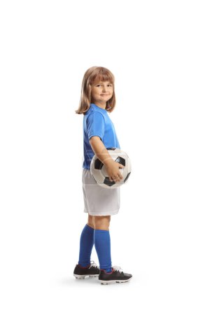 Photo for Girl in football jersey holding a ball isolated on white backgroun - Royalty Free Image