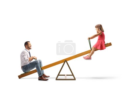 Photo for Man playing on a seesaw with a child isolated on white background - Royalty Free Image