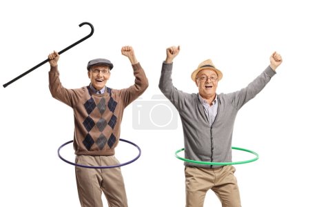 Photo for Happy elderly men spinning hula hoops isolated on white background - Royalty Free Image