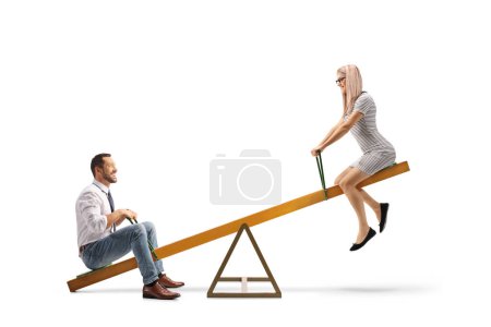 Photo for Couple playing on a seesaw isolated on white background - Royalty Free Image