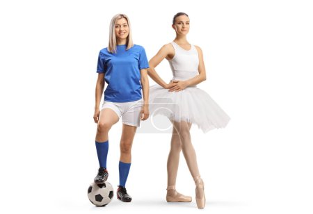 Photo for Ballerina in a white tutu dress posing next to a female football player isolated on white background - Royalty Free Image