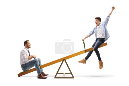 Photo for Businessman and a young guy playing on a seesaw isolated on white background - Royalty Free Image