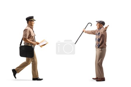 Photo for Mailman delivering a letter to a happy elderly man isolated on white background - Royalty Free Image