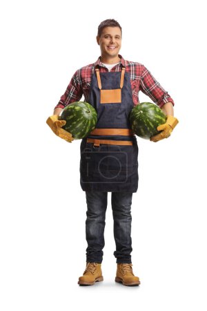 Téléchargez les photos : Fermier tenant deux pastèques sous les bras isolés sur fond blanc - en image libre de droit