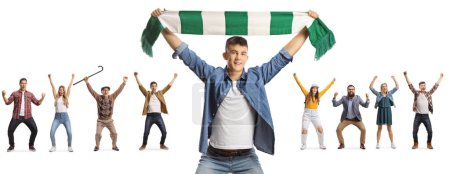 Photo for Happy young man cheering with a scarf in front of other people isolated on white backgroun - Royalty Free Image