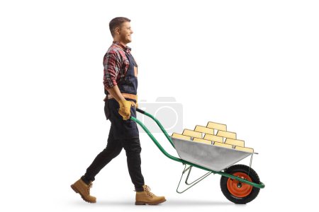 Photo for Farmer walking and pushing a wheelbarrow full of gold plates isolated on white background - Royalty Free Image