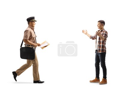 Photo for Young man waiting a mailman with arms wide open isolated on white background - Royalty Free Image