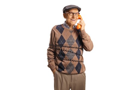 Photo for Senior man tied with a cable using a vintage rotary phone isolated on white background - Royalty Free Image