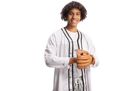 Photo for African american guy wearing a baseball glove and smiling isolated on white background - Royalty Free Image