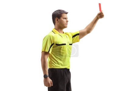 Foto de Árbitro de fútbol que muestra una tarjeta roja aislada sobre fondo blanco - Imagen libre de derechos