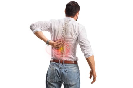 Rear view shot of a young man with a back pain and visible spine bone isolated on white background