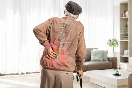 Photo for Rear view shot of an elderly man with a back pain and visible spine bone standing at home - Royalty Free Image