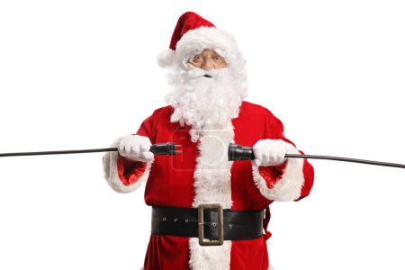 Foto de Santa Claus desenchufando cables aislados sobre fondo blanco - Imagen libre de derechos