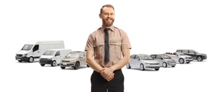 Photo for Security guard standing in front of parked vehicles isolated on white background - Royalty Free Image