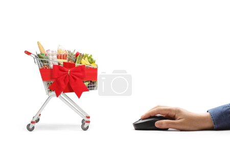 Foto de Mano con un ratón de ordenador compras comestibles en línea aislado sobre fondo blanco - Imagen libre de derechos