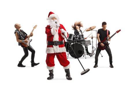 Téléchargez les photos : Père Noël chante et se produit avec un groupe de musique isolé sur fond blanc - en image libre de droit