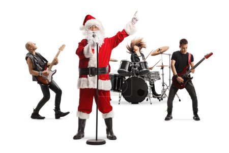 Photo for Santa claus performing with a rock music band isolated on white background - Royalty Free Image