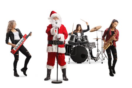 Photo for Santa claus with a microphone performing with a female music band isolated on white background - Royalty Free Image