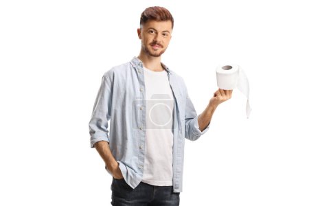 Photo for Guy holding a toilet paper roll isolated on white background - Royalty Free Image