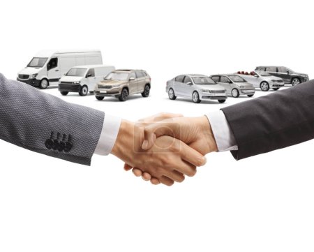 Photo for Businessmen shaking hands in front of vehicles isolated on white background - Royalty Free Image