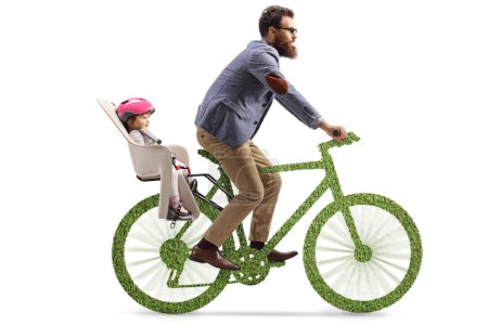 Téléchargez les photos : Père conduisant un vélo vert avec un bébé dans un siège de vélo isolé sur fond blanc - en image libre de droit