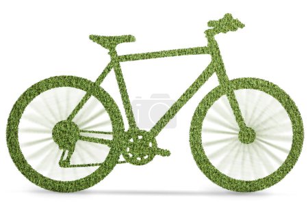 Foto de Bicicleta verde hecha de hierba con ruedas giratorias aisladas sobre fondo blanco - Imagen libre de derechos