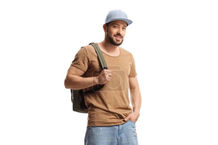 Photo for Guy with a cap carrying a backpack isolated on white background - Royalty Free Image