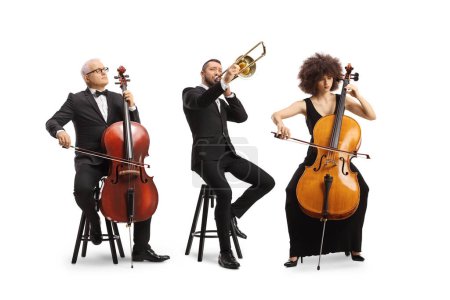 Photo for Full length portrait of musicians sitting and playing cellos and a trombone isolated on white background - Royalty Free Image