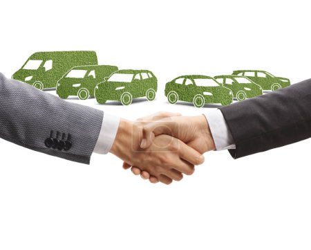 Photo for Men shaking hands in front of a green electic vehicles isolated on white background - Royalty Free Image