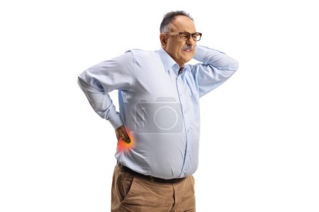 Photo for Mature man with painful back and neck isolated on white background - Royalty Free Image