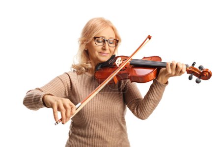Photo for Happy mature woman with glasses playing a violin isolated on white background - Royalty Free Image