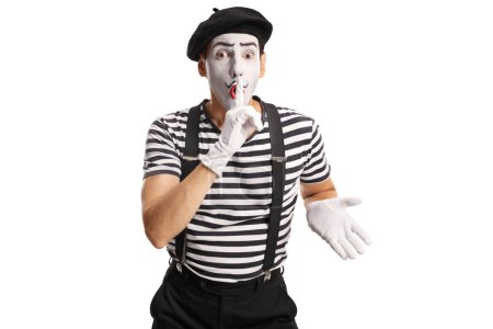 Mime gesturing silence with finger over mouth isolated on white background