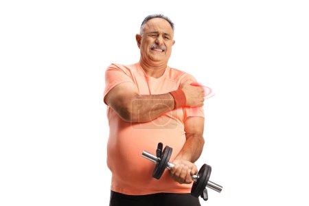 Photo for Mature man with pain in shoulder holding a dumbbell isolated on white background - Royalty Free Image